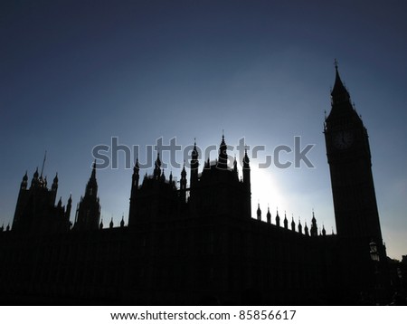 Goth night view silhouette with moon light of the Houses of Parliament Westminster Palace London