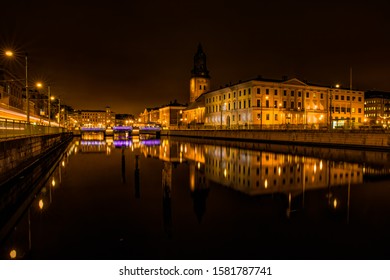 Gothenburg city late winter evening. A warm light spreads across one of Gothenburg's canals