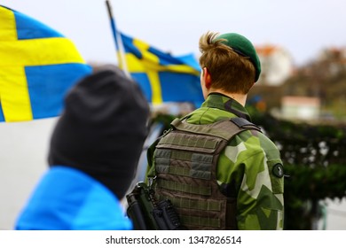 Gothenburg, Västra Götalands County/Sweden: 03 17 2019: Navy day, Flottans dag, showing HMS Visby, Combat boat 90H, machine guns, RIB boat, dive boats, weapons, uav, drone and more, costal ranger boat