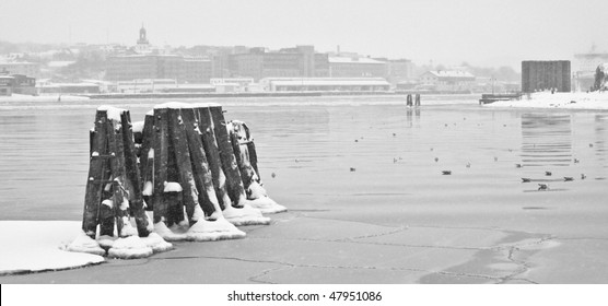 Gothenburg Harbour during a heavy snowfall in winter landscape.