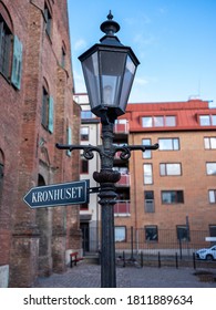 Gothenburg, Sweden - 09 06 20: View Of A Lamp Post Near The Oldest House In The Centre Of Gothenburg, Sweden.