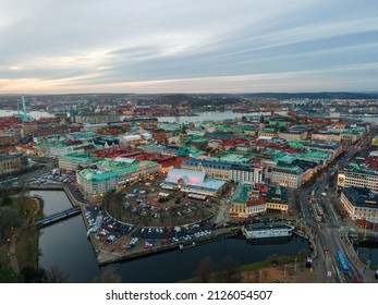 Gothenburg, Sweden - 24 12 2020: View from above of the mix of the mix of historical and modern building including the Gothenburg City Theatre in Götaplatsen. 