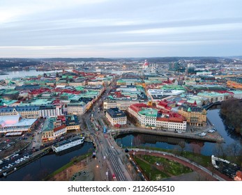 Gothenburg, Sweden - 24 12 2020: View from above of the mix of the mix of historical and modern building including the Gothenburg City Theatre in Götaplatsen. 