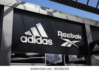 GOTHENBURG, SWEDEN- 5 AUGUST 2021: Adidas And Reebok Signs At Hede Fashion Outlet. Photo Jeppe Gustafsson
