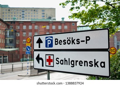 Gothenburg / Sweden - April 2019: Sign Sahlgrenska University Hospital In Gothenburg