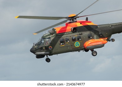Gothenburg, Sweden - August 29 2009: Super Puma Swedish army helicopter coming in for landing.