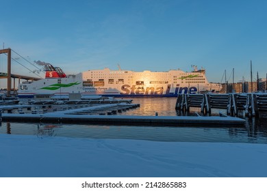 Gothenburg, Sweden - december 04 2021: Passenger ferry Stena Scandinavica arriving port of Gothenburg in winter.