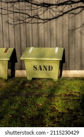 Gothenburg, Sweden - January 25 2022: Green sand box for sand used on ice in winter.