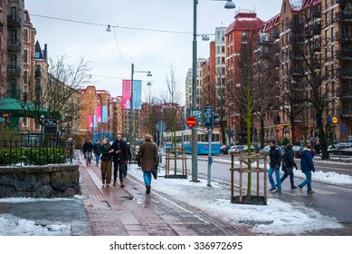 GOTHENBURG, SWEDEN - JANUARY 31: People walking on the street of Gothenburg in winter day on January 31, 2015