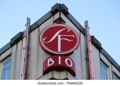 GOTHENBURG, SWEDEN - JANUARY 9, 2018: SF (Swedish Film Industry) Movie Sign Outside Cinema Hall In Gothenburg City Centre, Sweden