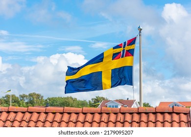 Gothenburg, Sweden - July 25 2020: Swedish Flag With The Union Mark Sildesalaten Used During The Union Between Norway And Sweden During 1844 To 1905.