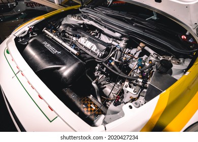 Gothenburg, Sweden - June 28th 2021: Volvo Race Car Engine On Exbibition In Volvo Museum