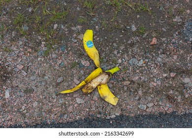 Gothenburg, Sweden - May 22 2022: Chiquita Banana Peel On The Ground.