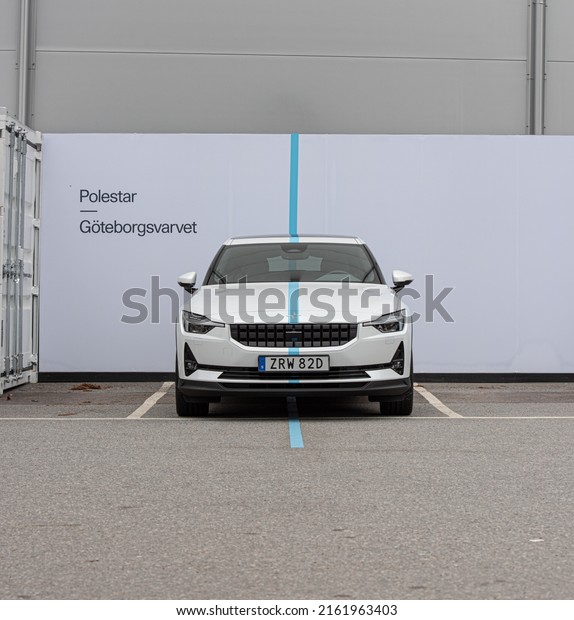 Gothenburg, Sweden - May 22 2022: Polestar 2\
electric car marked as a leader car for the Göteborgsvarvet\
half-marathon run.