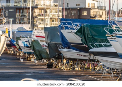 Gothenburg, Sweden - november 21 2021: Boats laid up for the winter at Fiskebäck.