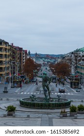 Gothenburg / Sweden - November 24 2019: Poseidon statue on the avenue in central Gothenburg, Sweden during a winter day. 