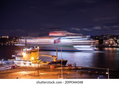 Gothenburg, Sweden - November 28 2021: Long Exposure Photo Of A Stela Line Ferry Leaving Gothenburg At Night.