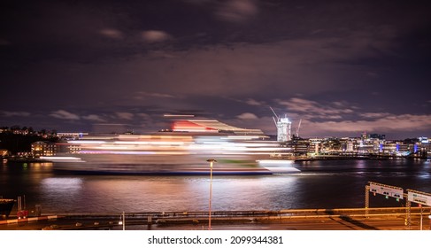 Gothenburg, Sweden - November 28 2021: Long Exposure Photo Of A Stela Line Ferry Leaving Gothenburg At Night.