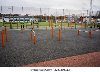 Gothenburg, Sweden - november 28 2022: Outdoor gym by a football field. - Shutterstock ID 2231808113
