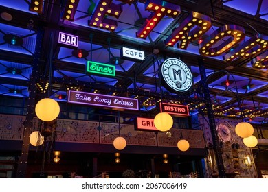 Gothenburg, Sweden - Oct 30 2021: Interior Of Metropolitan Bar With Various Signs, No Visible People