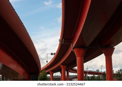 Gothenburg, Sweden - October 09 2020: Two Tall Red Road Viaducts Joining.