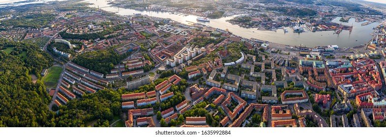 Gothenburg, Sweden. Panoramic aerial view of the city center in the evening. Sunset