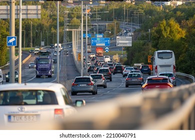 Gothenburg, Sweden - September 14 2022: Workers Commuting To The Volvo Factory Passing A Automatic Toll Road.