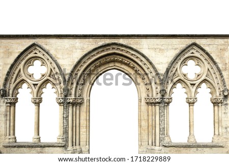 Gothic arches isolated on white background. Elements of architecture, ancient arches, columns, windows and apertures