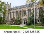 Gothic Architecture at University of Michigan with American Flag