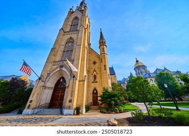 Gothic Cathedral with American Flag and Golden Dome Low-Angle View - Powered by Shutterstock