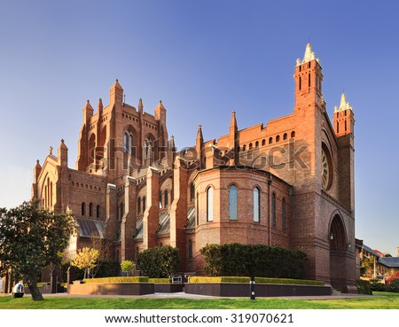 Gothic cathedral of Newcastle in Australia on a sunny bright morning with nobody around