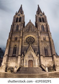 Gothic Church Of Saint Ludmila At Night In Prague, Czech Republic.