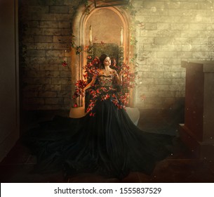gothic dark queen sits castle golden throne. black dress butterflies clothes costume. Brick wall gothic room magical gold sun rays window. Long train fashionable silk skirt. Glamorous fantasy woman