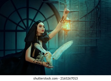 Gothic fantasy woman witch in black dress cape, hood. Girl princess dark magician holds vintage lamp lantern in hand. Lady elf queen with white barn owl bird. Art photo night royal room. Fabric flies - Shutterstock ID 2165267013