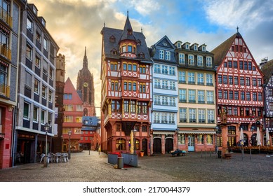 Gothic Frankfurt Cathedral and colorful half-timbered houses on historical Roemerberg square in Frankfurt am Main city center, Germany - Shutterstock ID 2170044379