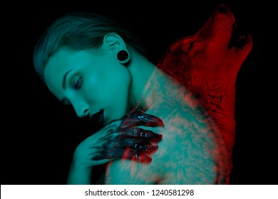 Gothic girl and wolf double exposure on black background. Werewolf concept. space for text