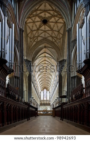 Gothic nave of the beautiful Salisbury Cathedral in England