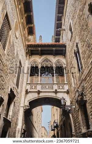 Gothic quarter in Barcelona, Spain. famous balcony in Barcelona in Gothic style with arches
