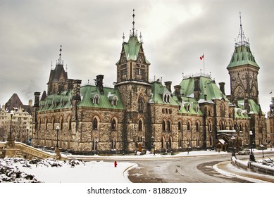 Gothic Revival Building Of Canadian Parliament In Ottawa In Winter