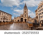 Gothic San Salvador cathedral in Oviedo during a rainy day, Asturias region in Northern Spain