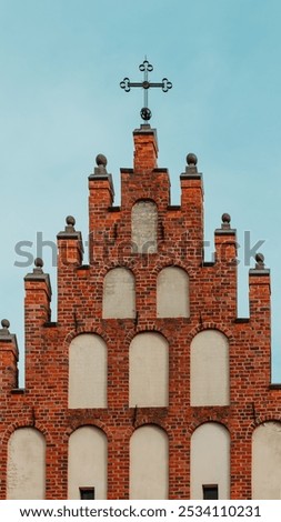 Similar – Image, Stock Photo Brick church in the middle of big trees of a park | frog perspective