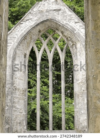 Gothic stone window with pointed arches in medieval abbey ruins, framing green trees beyond weathered limestone walls and historic architecture.
