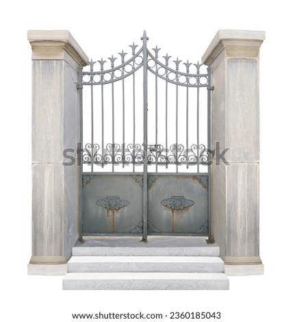 Gothic style old metallic door and marble columns isolated on white background