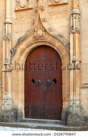Gothic wooden door in the Gothic style of the old cathedral.