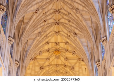 Gothic-style vaulted ceiling inside a historic cathedral adorned with intricate stonework, floral motifs, and warm ambient lighting. - Powered by Shutterstock