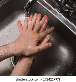 Gotta Make Sure Germs Have A Zero Chance. Washing Hands Rubbing With Soap Man For Winter Flu Virus Prevention, Hygiene To Stop Spreading Germs.