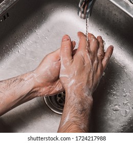 Gotta Make Sure Germs Have A Zero Chance. Washing Hands Rubbing With Soap Man For Winter Flu Virus Prevention, Hygiene To Stop Spreading Germs.