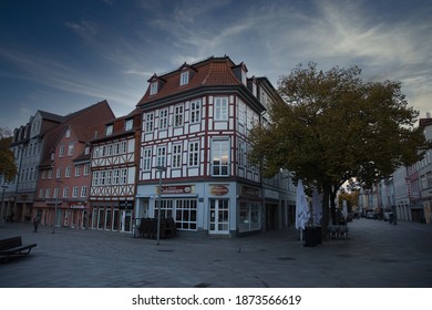 Gottingen Germany. Autumn, 2020. Empty Pedestrian Street And Town Square With Closed Coffee Shop. Wide Shot. 