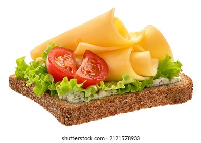 Gouda Cheese Slices On Rye Bread Isolated On White Background, Top View