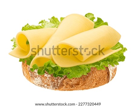 Gouda slices on bread, cheese sandwich isolated on white background